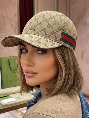 Gucci Beige Monogram Cap with Green-Red Web Stripe